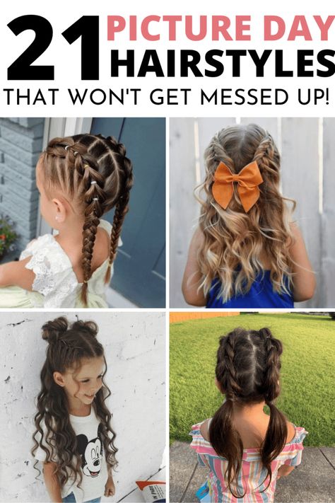 21 Easy School Picture Day Hairstyles For Kids That Won't Mess Up! - School Run Messy Bun School Picture Hairstyles, Picture Day Hairstyles For Kids, Picture Day Hairstyles, School Picture Day, Picture Day Hair, Easy Little Girl Hairstyles, Day Hairstyles, Cute Hairstyles For School, Girl Hair Dos