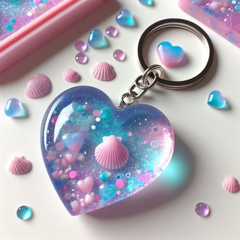 Get a heart-shaped, glittery resin art keychain for teenagers. Filled with tiny seashells and designed with pastel blue, pink, and purple hues. Strong ring and chain included. #TeenFashion #ResinArt #Keychain #FashionAccessories #GiftsForTeens #CuteKeychains Resinart Keychain, Heart Resin Keychain, Resin Art Keychain, Resin Art Ideas, Tiny Seashells, Art Keychain, Cute Small Drawings, Colorful Keychain, Heart Resin