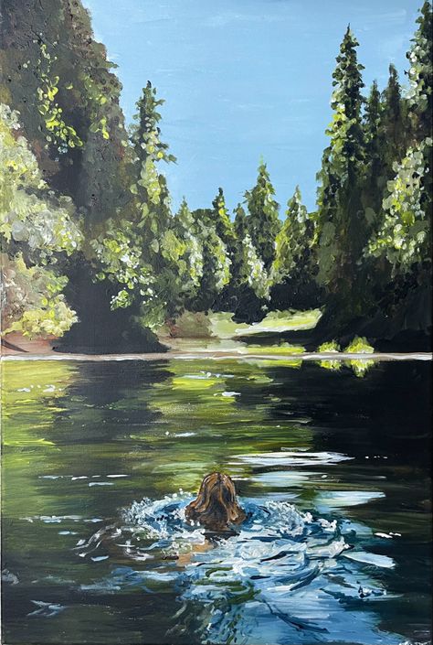 #acrylic #lake #woods #swimming #painting #canvas #art #nature #aesthetic Naturalism Painting, Acrylic Lake Painting, Water Lake Painting, Painting In Nature Aesthetic, Lakes Paintings, Nature Acrylic Painting Canvases, Painting Inspo Nature, Still Water Painting, Lake Acrylic Painting