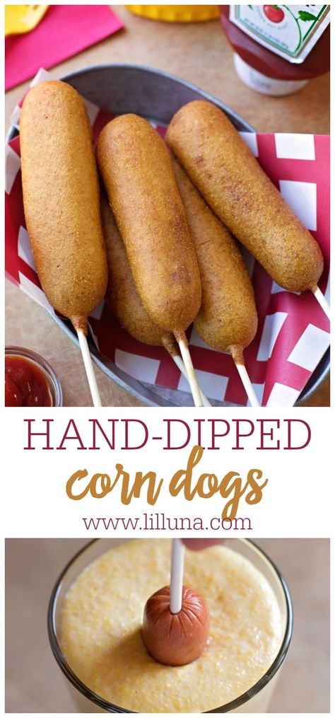 This recipe is a beyond simple delicious hand-dipped corn dog making you never want to buy store-bought again! #handdippedcorndogs #corndog #corndogs Aperitif, Best Corndog Recipe, Baked Corndog Recipe, Hand Dipped Corn Dogs, Best Corn Dog Recipe, Fair Corn Dog Recipe, State Fair Corn Dogs Recipe, Easy Corndogs Recipe, How To Make Corn Dogs