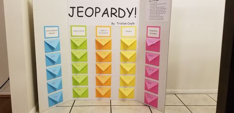 School project,  jeopardy board Jeopardy Bulletin Board, Jeopardy Board Diy, Diy Jeopardy Board, Jeopardy For Kids, Board Game Ideas, Jeopardy Board, Trifold Board, School Board Decoration, 60 Birthday