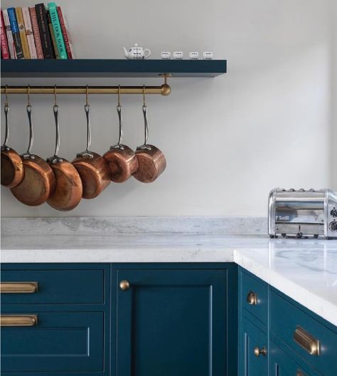 Hague Blue (Farrow & Ball) painted cabinets in a beautiful English country style kitchen with copper pans hanging from rack - @brownlowfurniture. #bluekitchens #hagueblue #bespokekitchens Blue Paint Colors For Kitchen, Hague Blue Kitchen, Paint Colors For Kitchen Cabinets, Blue Kitchen Cabinet, Dream Kitchen Cabinets, Colors For Kitchen Cabinets, Grey Blue Kitchen, Kitchen Projects Design, Beautiful Kitchen Cabinets