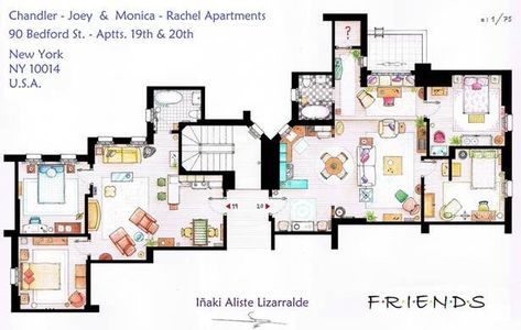 Friends 15 Floor Plans Of TV's Best Homes Monica Rachel, Friends Apartment, Ted Mosby, Apartment Floor Plan, Gilmore Girl, The Golden Girls, Apartment Floor Plans, Friends Moments, Artist Sketches