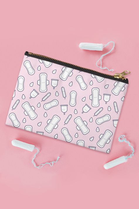 A cute pattern of menstruation products like sanitary pads, panty liners, menstrual cups, and tampons. Drawn in cartoon style with little happy faces, in a pastel pink and white color scheme. Looks great on a zipper pouch for your period supplies. A great gift for your daughter's first period. Artwork created by JessicaAmber. For custom orders, message me on Redbubble. Period Artwork, Period Supplies, Period Party, Menstrual Cups, Period Pads, Pads Tampons, Period Tracker, Happy Faces, First Period