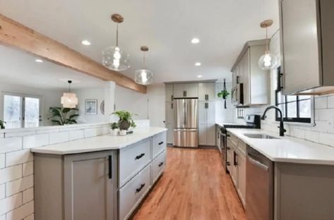 Open Basement Stairs In Kitchen Half Walls, Kitchen Opening, Golden Kitchen, Indoor Aesthetic, Ranch Renovation, Stairs In Kitchen, Ranch Kitchen, House Flip, House Redesign