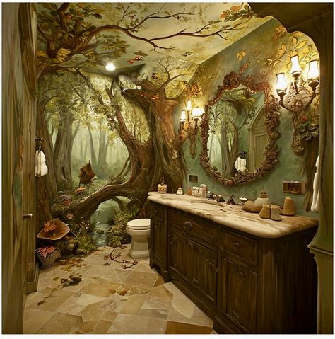 Dreamy Room Wall Decor, Fairy Tale Bathroom, Van Gogh Bathroom, Bathroom Decor Mushroom, Fairy Themed Bathroom, Enchanted Forest Theme Bathroom, Fantasy Bathroom Ideas, Fairy Bathroom Decor, Whimsical Bathroom Decor