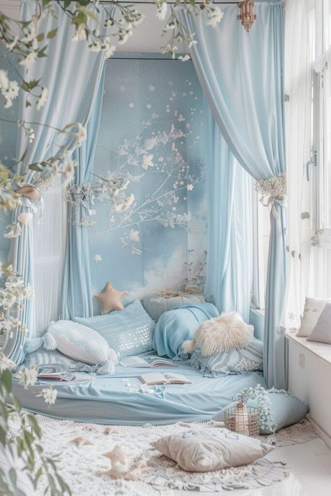 Blue Girls Bedroom, Baby Blue Bedrooms, Seaside Bedroom, Girls Blue Bedroom, Light Blue Bedroom, Boho Bedrooms, Chic Living Room Decor, Coastal Decorating Living Room, Dream Bedroom Inspiration