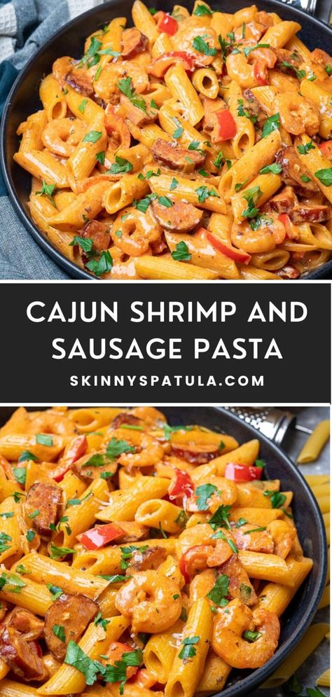 Cajun Shrimp and Sausage Pasta Cajun Shrimp And Sausage Pasta, Cajun Shrimp And Sausage, Shrimp And Sausage Pasta, Seafood Dip, Shrimp And Sausage, Seafood Meals, Lobster Dishes, Budget Family Meals, Healthiest Seafood