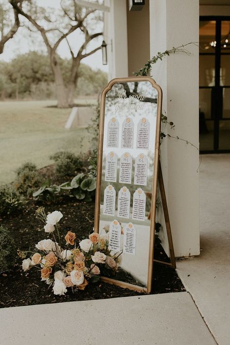 Wedding Seating Chart Display, Seating Chart Wedding Diy, Mirror Seating Chart, Summer Wedding Ceremony, Summer Wedding Reception, Romantic Summer Wedding, Wedding Mirror, Wedding Day Details, Chart Ideas