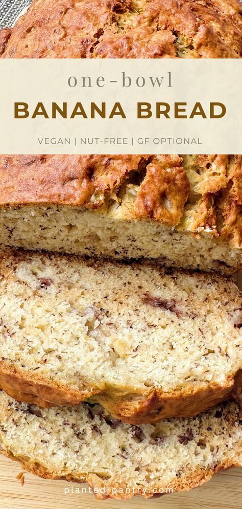 This is the absolute best vegan banana bread. It is super simple and uses ingredients you likely already have in your pantry. Peanut and tree-nut safe! Vegan Peanut Butter Banana Bread, Vegetarian Banana Bread, Banana Recipes Vegan, Best Vegan Banana Bread, Nut Free Breakfast, Vegan Banana Bread Easy, One Bowl Banana Bread, Vegan Banana Bread Recipe, Vegan Breads