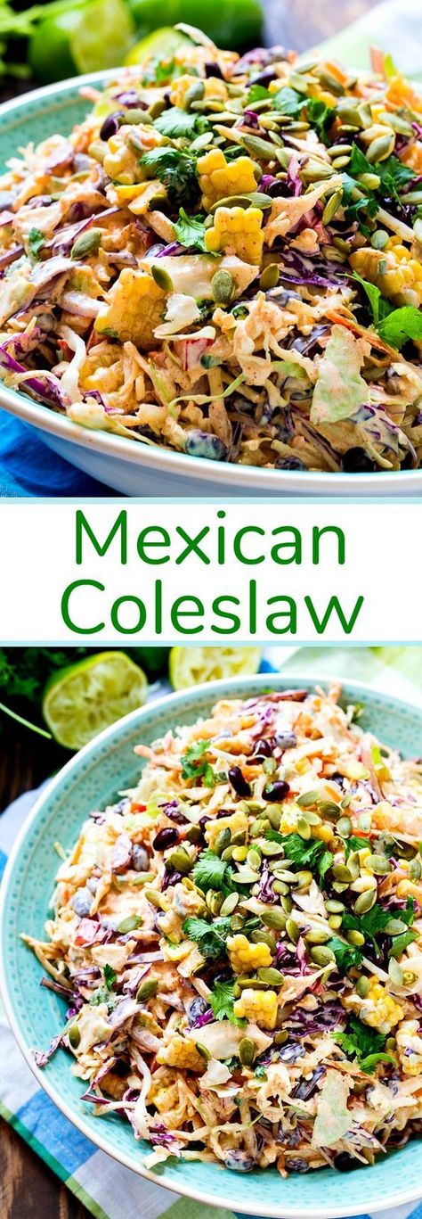 Mexican Coleslaw- a creamy coleslaw flavored with taco seasoning. Mexican Coleslaw, Mexikansk Mat, Coleslaw Salad, Creamy Coleslaw, Salad Pasta, Cole Slaw, Coleslaw Recipe, Recipes Vegan, Taco Seasoning