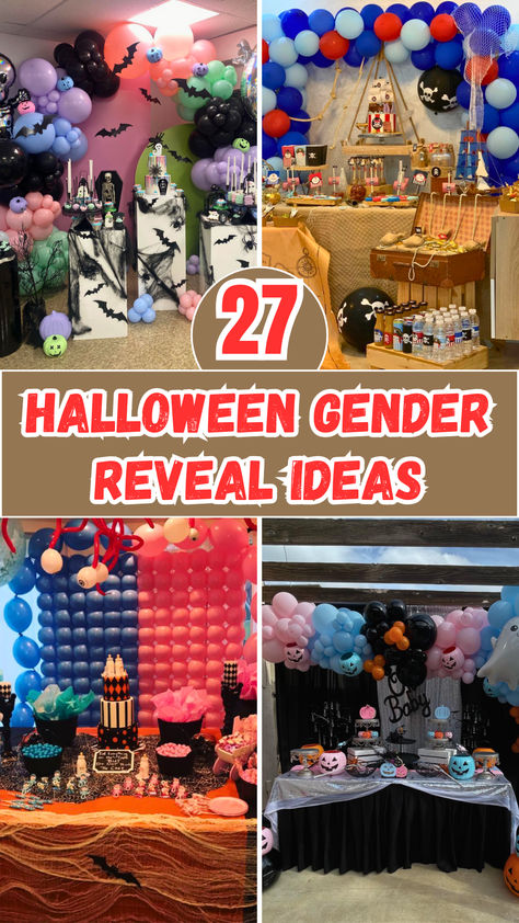 Looking for creative ways to reveal your baby's gender this Halloween? Check out these 27 spooky and fun ideas for the perfect Halloween-themed gender reveal! From bubbling cauldrons to haunted surprises, there's something for every parent-to-be. Perfect for adding a spooky twist to your celebration! Gender Reveal Halloween Costume, Home Gender Reveal Ideas, Surprise Gender Reveal Ideas, Halloween Gender Reveal Decorations, Gender Reveal Ideas For Kids, Halloween Gender Reveal Ideas, Twin Gender Reveal, Halloween Gender Reveal, Gender Reveal Unique