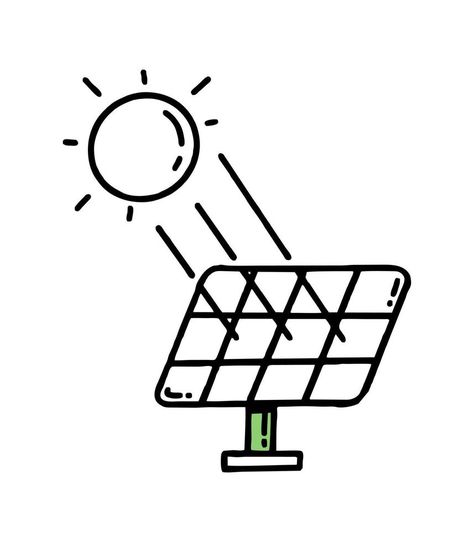 Solar panels with sun rays.  Green energy. Co2 concept of climate change .  Vector isolated doodle Solar Energy Drawing, Solar Panel Drawing, Free Solar Panels, Desk Calendar Design, Doodle Doodle, Poster Idea, Panel Solar, Purchase Order, Clipart Black And White