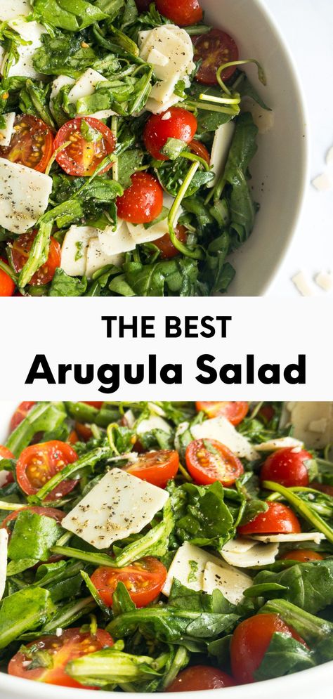 This arugula salad with lemon dressing and shaved parmesan is the perfect side salad. This simple arugula salad recipe only takes 10 minutes to make and goes well with pasta, roasted veggies and other main meals. Gluten-free. #arugulasalad #arugula #summersalad #healthysalad Side Salad Healthy, Healthy Simple Salad Recipes, Easter Arugula Salad, Salad Ideas With Arugula, Arugula Salad Recipes Healthy, Arugula Salad With Shrimp, Salads Using Arugula, Salad Arugula Recipes, Cucumber Arugula Salad