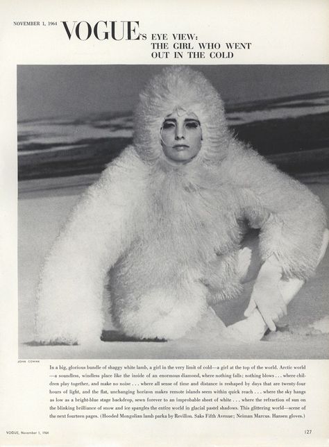 Vogue Archives: 1964 shoot in the Arctic Circle, “The Girl Who Went Out in the Cold” | Vogue Snow Editorial, Winter Shoot, Apres Ski Party, Mongolian Lamb, Winter Whites, Sequin Boots, Vogue Archive, Children Play, Winter Chic