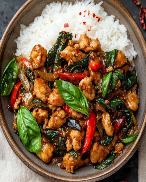 Thai Basil Chicken Recipe – Quick 20-Minute Pad Gai Krapow Thai Basil Chicken Recipe, Thai Basil Recipes, Basil Chicken Recipe, Thai Basil Chicken, Basil Recipes, Basil Chicken, Thai Basil, Chili Garlic Sauce, Ground Chicken