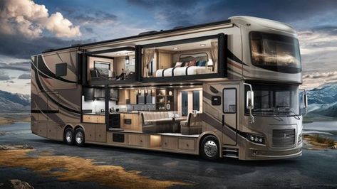 For those embracing RV living and seeking the best RV for full-time living, luxurious motorhomes are the pinnacle of opulence on wheels. The most luxurious RVs redefine motorhome living, offering features that will blow your mind. Whether you're exploring motorhomes for sale or searching for the best travel trailer for full-time RV living, these vehicles offer unmatched comfort and style. From living vehicles to the most luxurious camper vans, these motorhomes boast state-of-the-art amenities, spacious interiors, and high-end finishes, making RV living full-time a dream come true. Travel trailers for full-time living and luxurious motor homes cater to those who wish to live big in a tiny house, with options available for any taste and need. If you're ready to transition to RV living full t Motor Homes For Sale, Luxury Mobile Homes, Motorhome Living, Luxury Rv Living, Best Travel Trailers, Grand Design Rv, Cool Rvs, Luxury Campers, Rv Floor Plans