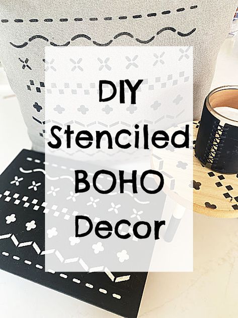 DIY stenciled home decor items Boho Stencil Pattern, Boho Stencil, Diy Stencil Patterns, Macrame Furniture, Rustic Fabric, Stencil Decor, Boho Style Decor, Stencil Fabric, Wallpaper Stencil