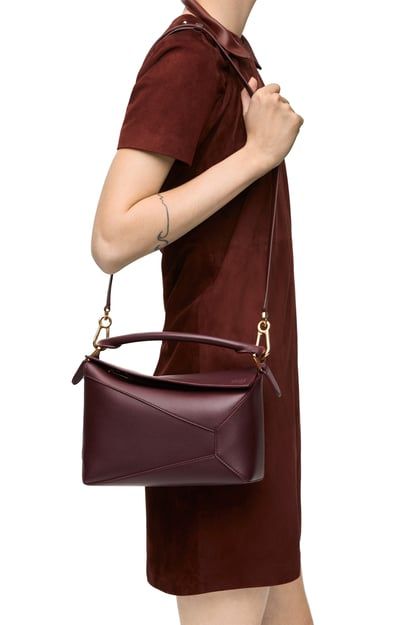 LOEWE Small Puzzle bag in classic calfskin Dark Burgundy Puzzle Bag Loewe Street Styles, Loewe Puzzle Bag Gray, Loewe Puzzle Bag Green, Loewe Bag Puzzle, Loewe Small Puzzle Bag, Loewe Puzzle Bag, Loewe Puzzle, Puzzle Bag, Animal Bag