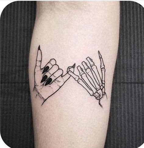 Follow @TATTOOWONDERLAND on Pinterest for more!  Skeleton pinky promise tattoo Promise Tattoo, 10 Tattoo, Pretty Hand Tattoos, Inspiration Tattoos, Disney Tattoo, Initial Tattoo, Halloween Tattoo, Tattoo Girls, Instagram Tattoo