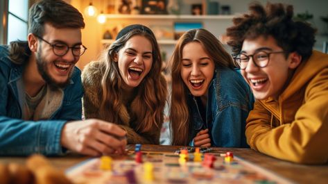 Joyful Boardgame Night: A group of friends share laughter and joy while playing a board game together at night. #friends #laughter #boardgame #fun #joy #evening #gathering #smiles #aiart #aiphoto #stockcake https://ayr.app/l/xr4h Game Night Photoshoot, Card Game Photoshoot, Happy Family Pictures, Cafe Photography, New Year Photoshoot, Brand Moodboard, A Group Of Friends, Board Game Night, Human Interest