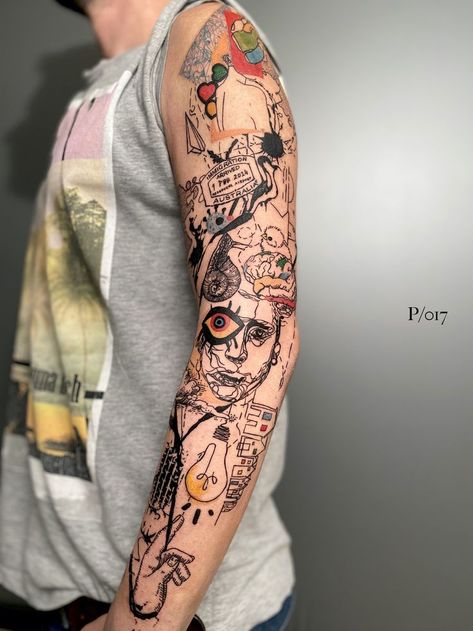 Artist Sleeve Tattoo, Scattered Tattoos Sleeve For Men, Abstract Tattoo Designs For Men, Abstract Tatoos, Abstract Sleeve Tattoo, Layered Tattoo, Basquiat Tattoo, Tattoo Sleeve Filler, Abstract Tattoo Designs