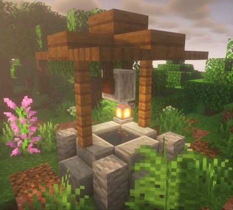 Outside Decor Minecraft Ideas, Village Well Minecraft, Minecraft Cute Outdoor Decor, Outdoor Decoration Minecraft, Cute Well Minecraft, Minecraft Bushes Design, Cottagecore Minecraft Decor, Minecraft Bedroom Ideas Cottagecore, Minecraft Porch Decor