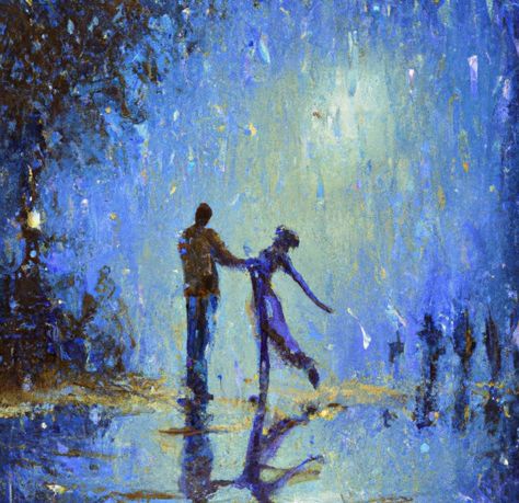 People Dancing In The Rain Drawing, Kissing In The Rain Art, Painting Of Two Lovers, Two People Dancing Painting, Dancing In Rain Drawing, Rain Art Aesthetic, Paintings That Represent Love, People Dancing Painting, Two People Painting