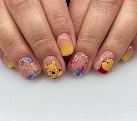 Winnie The Poo Acrylic Nails, Pooh Bear Nails Art, Cute Winnie The Pooh Nails, Pooh Nails Disney, Winnie The Pooh Nail Art Simple, Winnie Pooh Nails Art Designs, Winnie The Pooh Gel Nails, Spring Nails Disney, Short Winnie The Pooh Nails