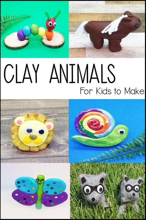 6 clay animals are shown in the pin including a rainbow caterpillar, horse, lion head, snail, butterfly and fuzzy racoons. Air Dry Clay Kindergarten, Clay Animals Sculpture Easy, Easy Clay Animals For Kids, Air Dry Clay Animals Easy, Clay Art For Kids Easy, Clay Art Projects For Kids, Easy Clay Animals, Clay Animals Easy, Easy Air Dry Clay Projects