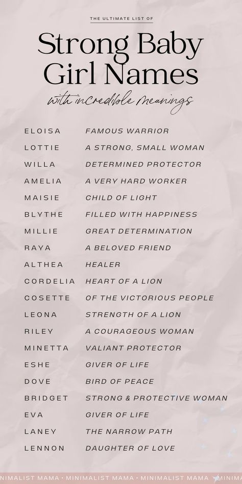 Searching for the prettiest strong baby girl names for your little one in 2023? These are the unique baby names (with meanings) that I'm totally obsessed with! Names That Mean Kindness, Strong Names With Meaning, Magical Names With Meaning, Pretty Girl Names With Meaning, Foreign Names With Meaning, Names That Mean Strong, Name That Means Love, Cool Names For Girls Unique, Short Names With Meaning