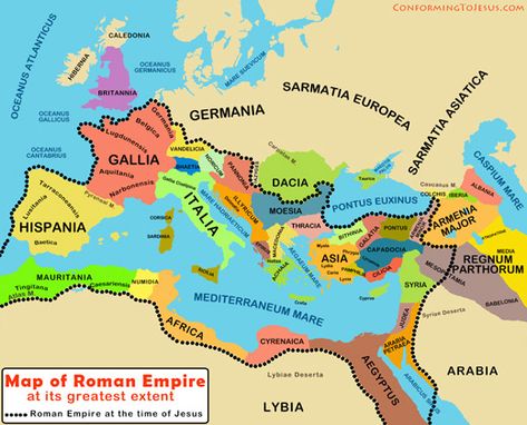 The Roman Empire was at its greatest extent and at the height of its power around 116 A.D. under Emperor Trajan. The Western Roman Empire officially lasted until 476 A.D. when Odoacer deposed the last emperor, and the Eastern Roman Empire, sometimes referred to as the Byzantine Empire, continued to exist for an additional thousand years until it fell to the Ottoman Turks in 1453 A.D. Roman Empire Map, Bible Mapping, Roman Britain, Geography Map, Holy Roman Empire, Classical Antiquity, The Roman Empire, Byzantine Empire, Ancient Maps