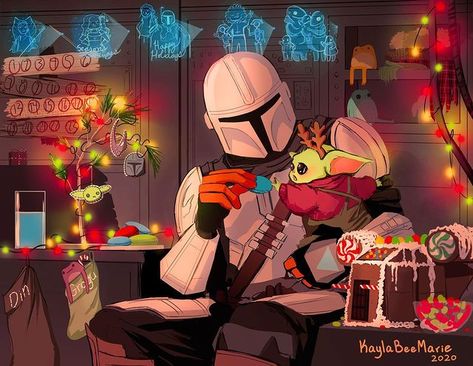 Din and Grogu 🎄💚 Art by @kayla.bee.marie on Instagram #themandalorian Mandolorians Art, Mandalorian Christmas, Mandalorian Art, Yoda Art, Yoda Wallpaper, Star Wars Background, Star Wars Christmas, Star Wars Wallpaper, Star Wars Artwork