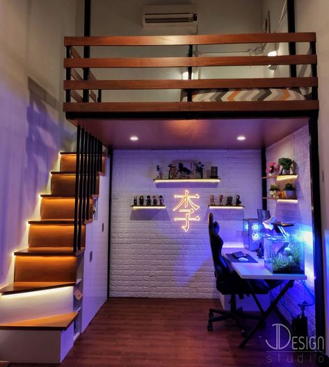 Bunk Bed And Wardrobe, Loft Bed Minimalist, Loft Decorating Ideas Upstairs Modern, Loft Bed Work Space, Room With Upstairs Bed, Bedroom With Stairs To Bed, Loft Bed Ideas For Studio Apartments, Loft Bed Stairs Ideas, Mezzanine Small Bedroom