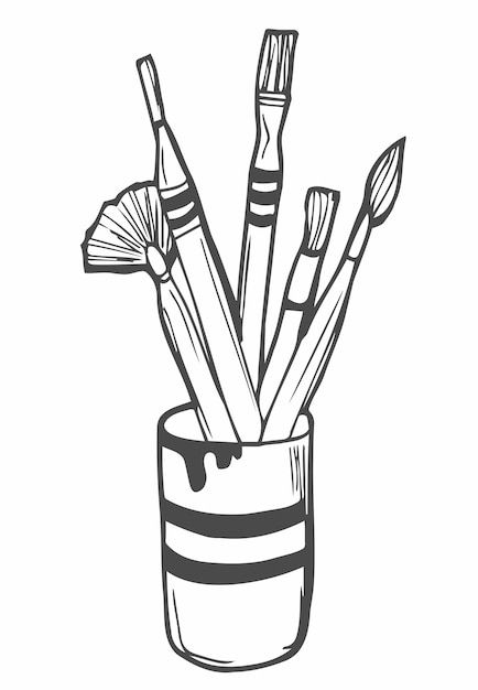 Vector artist paint brushes in a cup. ve... | Premium Vector #Freepik #vector #pencil-art #pencil-drawing #pen-drawing #sketch-art Drawings Of Paint Brushes, Paint Brush Sketch, Paint Brushes Drawing, Paint Brush Illustration, Object Sketches, Paintbrush Drawing, Scissors Drawing, Painting Objects, Bday Decoration