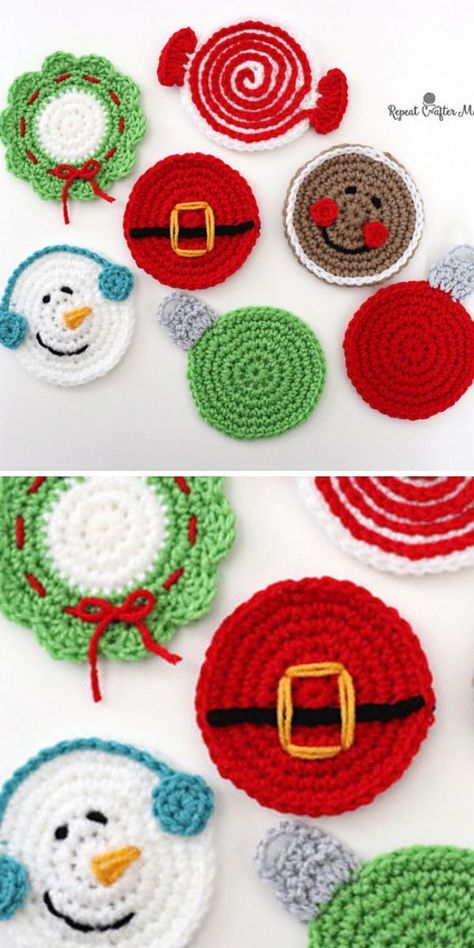 Crochet Christmas Coasters, Winter Coasters, Crochet Presents, Xmas Crochet, Crochet Christmas Ornaments Free, Crochet Ornament Patterns, Christmas Crochet Patterns Free, Crochet Coasters Free Pattern, Crocheted Christmas