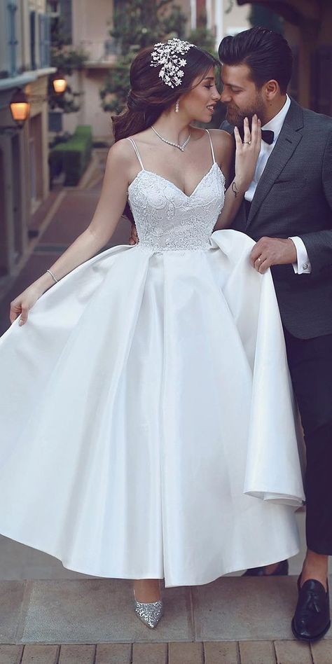 Ankle Length Wedding Dress, Lace Tea Length Dress, Short Bridal Gown, Wedding Dresses Spaghetti Strap, Tea Length Prom Dress, Informal Wedding Dresses, Simple Wedding Gowns, Informal Weddings, Tea Length Wedding Dress