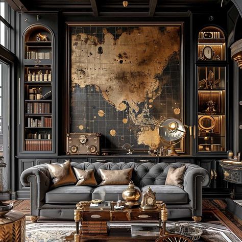 Crafting an Industrial Fantasy with Steampunk Interior Design • 333+ Art Images Victorian Industrial Decor, Steam Punk Office, Steampunk House Interiors, Steampunk Color Palette, Steampunk Living Room, Steampunk Interior Design, Steampunk Bedroom, Steampunk Kitchen, Industrial Chic Kitchen