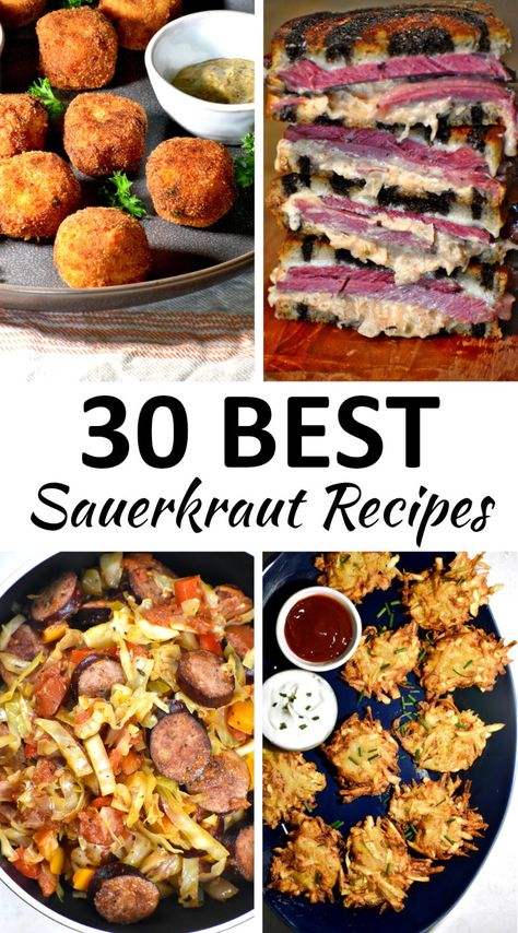 The 30 BEST Sauerkraut Recipes - GypsyPlate New Years Day Sour Kraut, Dinner Ideas With Sauerkraut, Cooked Sauerkraut Recipes, Food With Sauerkraut, Dinners With Sauerkraut, Foods With Sauerkraut, Sauerkraut With Bacon, Sourkrout Recipes Crockpot, Sourcraught Recipe