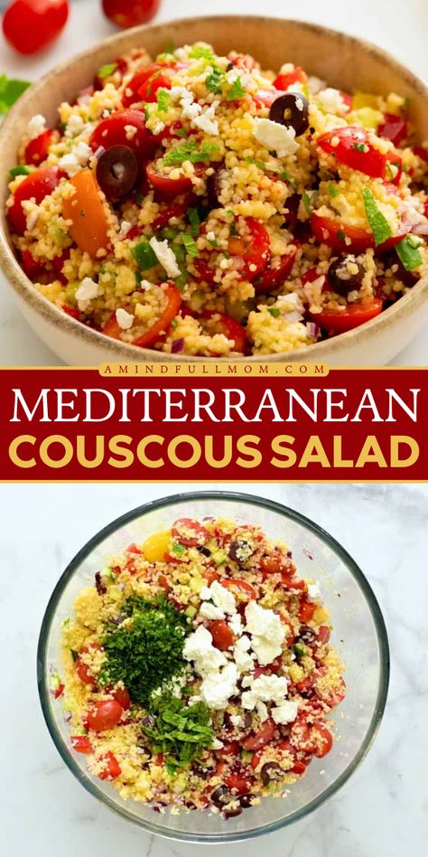 This Cold Couscous Salad is a summer salad for BBQ made with Mediterranean flavors, a light lemon dressing, and pearl couscous! It's the best BBQ side dish to add to your easy Labor Day party food ideas! Couscous, Essen, Chickpeas Mediterranean, Chickpeas Couscous, Lunch For The Week, Pearl Couscous Salad, Mediterranean Couscous Salad, Mediterranean Salad Recipe, Vegan Mediterranean