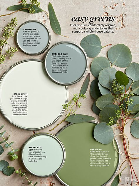 Green Paint Color Palette - Easy Greens - Interiors By Color Top Paint Colors, Painting 101, Paint Palettes, Tuscan Design, Favorite Paint Colors, Bedroom Paint Colors, Interior Paint Colors, Garden Painting, Bedroom Paint