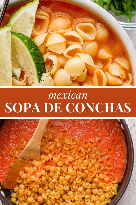 Sopa de conchas, or Mexican shell soup, is a classic comforting sopita made of toasted shell pasta cooked in a flavorful homemade tomato broth. Sopa Soup Recipe, Sopita De Fideo Easy Recipes, Shell Pasta Soup, How To Make Sopita, How To Make Sopa, Sopa Mexican Soup, Mexican Conchitas Recipe, Chile Verde Sopita With Macaroni, Mexican Pasta Soup