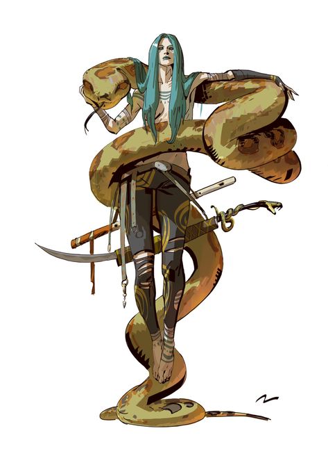 Beastmaster Ranger, D&d Character Concepts, Snake Character Design, Druid Character Design, Human Snake, Mauro Belfiore, Snake God, D D Character Ideas, Snake Charmer