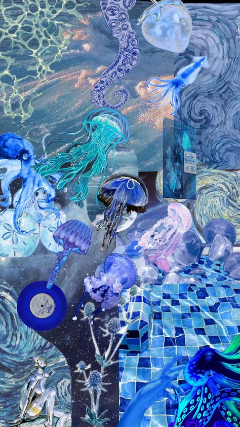 #blue #ocean background #sea #jellyfish Jellyfish Collage, Blue Ocean Background, Jellyfish Aesthetic, Sea Jellyfish, Background Sea, Ocean Background, Sea Jellies, Blue Jellyfish, Frog Drawing