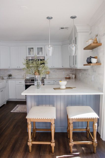 Kitchen Peninsula Different Color, Kitchen Peninsula Size Guide, Small Townhome Kitchen Remodel, Square Kitchen With Peninsula, Painted Kitchen Peninsula, Kitchen Without Window Ideas, Small Basement Kitchen With Island, Kitchen Peninsula Storage Ideas, Peninsula Kitchen Ideas Small