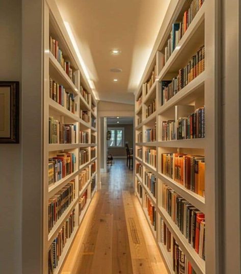 Home Library Hallway, Library In Hallway, Walk In Library, Hallway Library Narrow, Home Bibliotheque, Hallway Library Ideas, Book Hallway, Library Room Home, Library In House