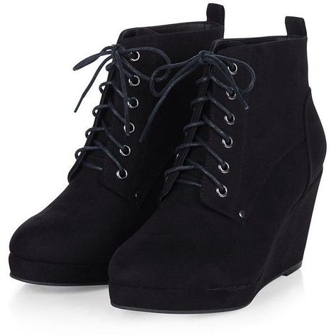 Black Suedette Lace Up Wedge Ankle Boots (145 BRL) ❤ liked on Polyvore featuring shoes, boots, ankle booties, heels, black wedge bootie, short black boots, black heel boots, black heel booties and ankle boots Black Wedge Booties, Black Wedge Boots, Short Black Boots, Trendy Heels, Black Lace Up Boots, Fashion Shoes Heels, Wedge Heel Boots, Wedge Bootie, Shoes Boots Ankle