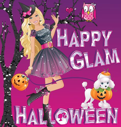 Happy Glam Halloween Barbie card Barbie Painting, Barbie Rapunzel, Halloween Barbie, Barbie Website, Granny Christmas, Goodbye Lullaby, Barbie Halloween Costume, Barbie Art, Barbie Books