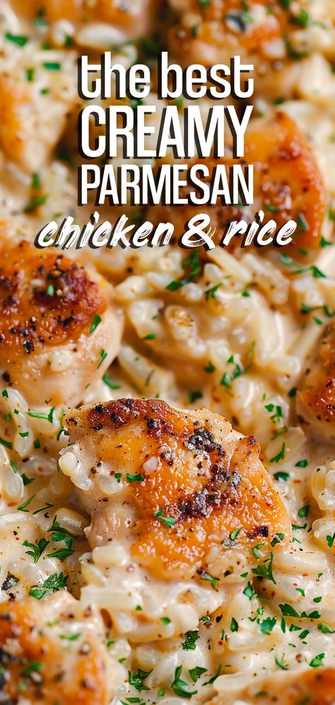 One-Pan Creamy Parmesan Chicken & Rice [40 Minutes] – Chasety Essen, Kos, Chicken Rice Parmesan Recipe, Meaty Meals Dinners, Healthy Tasteful Dinners, Chicken Parmesan Risotto, Chicken Parmesan Rice Recipe, Sunday Family Dinner Recipes, Dinner Ideas For Meat Lovers