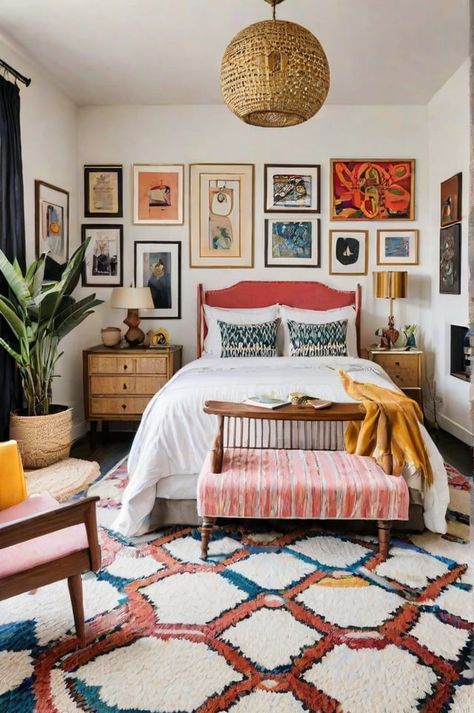 Cottage Eclectic Bedroom, Colorful Bedroom White Walls, Bedroom Inspirations Funky, Gold Brass Bed Bedroom Ideas, Eclectic Bedroom Colorful, Colorful Primary Bedroom, All White Bedroom With Pops Of Color, Eclectic Minimalist Bedroom, White Bedding Ideas Pop Of Color